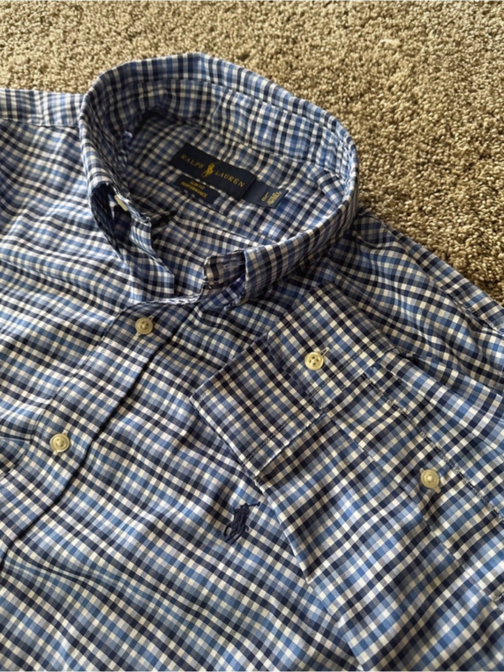Ralph Lauren Slim Fit Performance Gingham Button Down in Blue & White Size Large